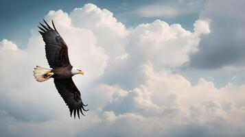 A bald eagle soaring gracefully through a soft-focus sky filled with clouds, perfect for Presidents Day text. photo