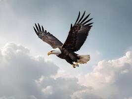 A noble bald eagle gliding across a soft-focus cloudy sky, offering the ideal space for adding Presidents Day text. photo