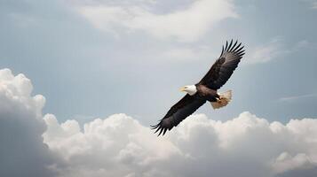 A soaring bald eagle against a blurred, cloudy backdrop, perfect for overlaying Presidents Day text. photo