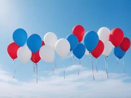 A bright sky filled with red, white, and blue balloons ascending, creating a perfect area for Presidents Day text. photo