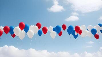 A festive sky with red, white, and blue balloons gently rising, leaving a clear area for bold text. photo