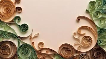 Earth-toned quilled paper spirals create vine and leaf patterns, providing an open space for text. photo