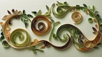 Green and brown quilled paper spirals arranged in the shape of vines and leaves, with ample space for text. photo