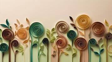 Quilled paper spirals in earthy green and brown mimic natural vines, creating a balanced area for text. photo