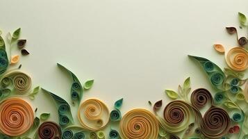 Green and brown spirals of quilled paper form vine-like shapes, with a central space for balanced text. photo