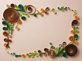 Earth-toned quilled paper spirals in green and brown form a leafy, vine-like design, with space for text. photo