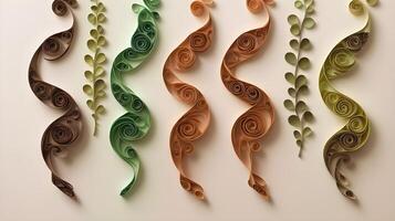 Green and brown quilled paper spirals designed like vines and leaves, creating a natural frame with space for text. photo