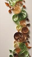 Spirals of earthy green and brown quilled paper arranged like vines, leaving a balanced area for text. photo