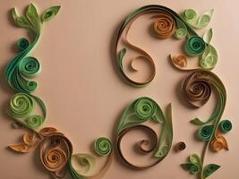 Green, brown, and earthy quilled paper spirals arranged like twisting vines and leaves, with an open area for copy. photo