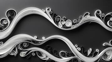 Paper quilling strips in black and white weave together in wave-like patterns, with an empty space for text. photo