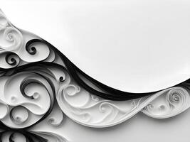Intricate black and white paper quilling strips create wave-like curves, leaving space for text placement. photo