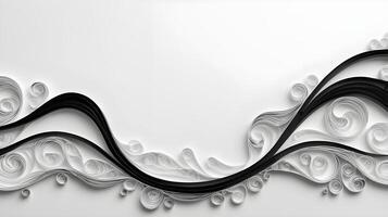 Elegant black and white paper quilling strips arranged in flowing, wave-like curves, offering space for text. photo