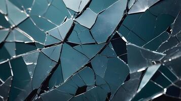 A detailed macro of broken glass with sharp, branching fissures. photo