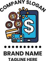 A company logo with a cell phone and a bunch of coins on it vector