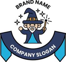 A wizard with a wand is holding a banner that says Brand Name vector