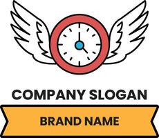 A clock with wings and the words company slogan brand name vector