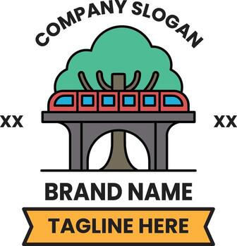 A train is crossing a bridge with a tree in the middle vector