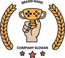A hand holding a trophy with a company logo in the background vector