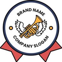 A round badge with a trumpet and wings on it vector