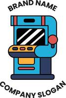 A blue and orange arcade game with a red button vector