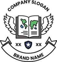 A logo for a company that is a book with wings and a globe vector