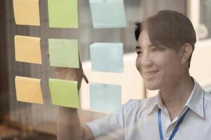 Young businessman smiling while arranging colorful sticky notes on glass wall for effective project management. photo