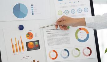 Detailed view of financial charts and data analysis in a meeting photo