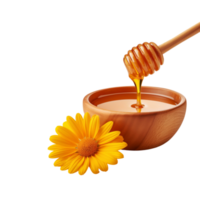 Bowl of honey with honey dipper and yellow flower on transparent background png