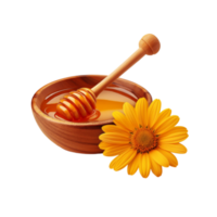 Wooden bowl of honey with honeycomb and flower on transparent background png