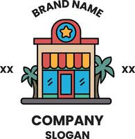 building with a star on top and palm trees in the background vector