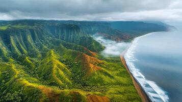 Breathtaking aerial view of rugged coastal landscape with verdant hills and ocean waves photo