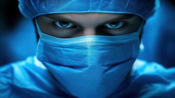 Intense gaze of surgeon in surgical mask and scrubs under dramatic lighting photo