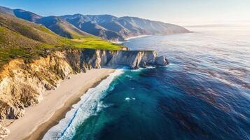 Stunning aerial view of coastal cliffs with waves and green landscape photo