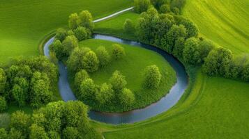 Aerial view of serene green landscape with meandering river and lush trees photo