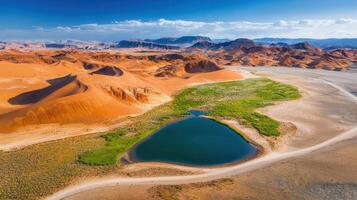 Aerial view of majestic desert landscape with oasis and orange sand dunes photo