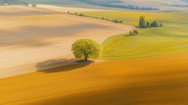 Lone tree in expansive rolling fields under golden sunlight and shadow play photo