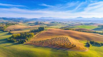 Aerial view of rolling hills and fields with trees under a clear sky photo