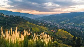 Scenic mountain valley overlooking town at sunrise with grass in foreground photo