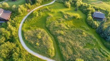 Aerial view of lush green countryside with pathway and wooden cabins at sunrise photo