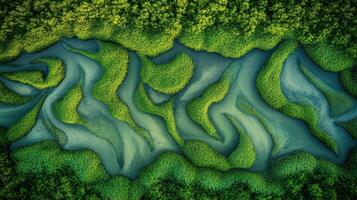 Aerial view of lush green mangrove forest with winding water channels photo