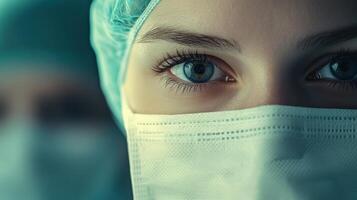 Focused medical professional in face mask with intense eyes highlighted by surgical light photo