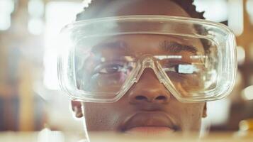 Close-up of young person wearing protective goggles in workshop setting photo