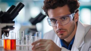 Scientist in laboratory conducting experiment with test tubes and microscope photo
