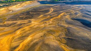 Aerial view of sandy desert landscape with wind patterns and erosion marks photo