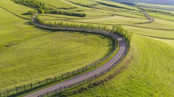 Scenic aerial view of winding road through lush green fields and rolling hills photo