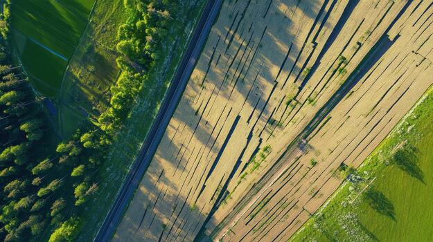 Aerial view of lush green fields and dirt road with shadow patterns photo