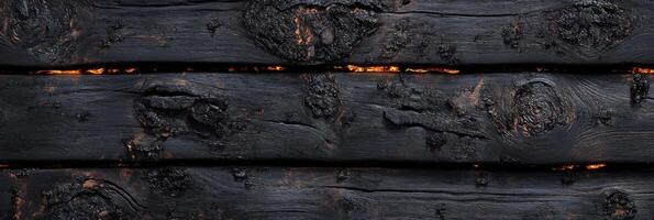 Texture of charred wood surface with fiery glows in between the burnt planks photo