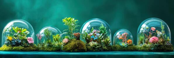 Diverse terrarium collection with colorful flowers and greenery under glass domes photo