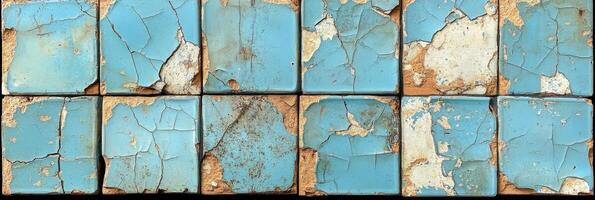 Weathered blue tiles with cracks and peeling paint background texture photo