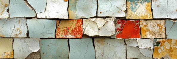 Weathered urban wall with cracked paint and colorful patterns photo